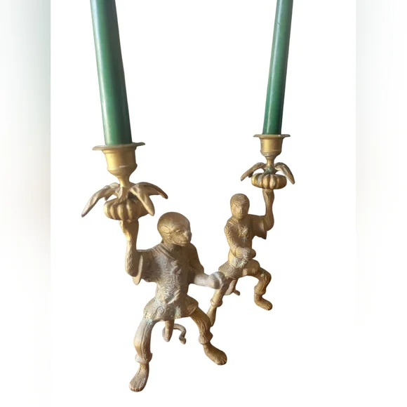 Vintage Solid Brass monkey Candlestick Holders Pair